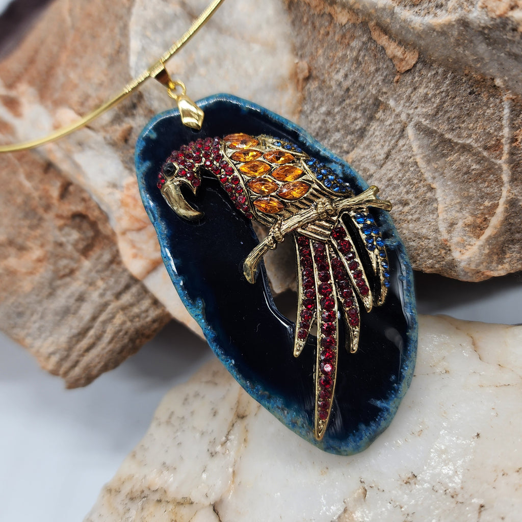 INDIGO / Artisan Boho Necklace Designer Gold Jewelry Bird Pendant Natural Blue Agate Stone Unique Necklace Gift For Women