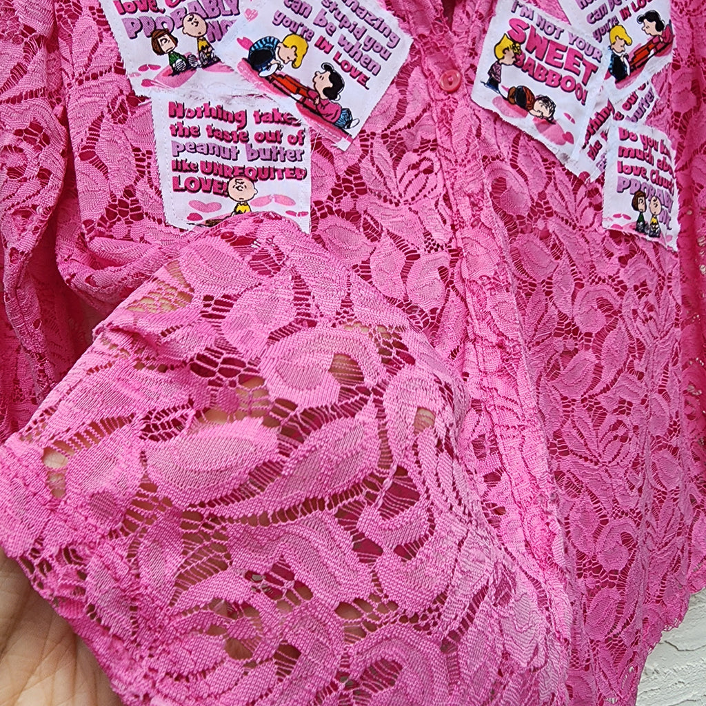 WHAT LOVE DO / Designer Top Funky Hot Pink Top Love Patchwork Upcycled Designer Lace Top  Bohemian Shabby Chic Blouse