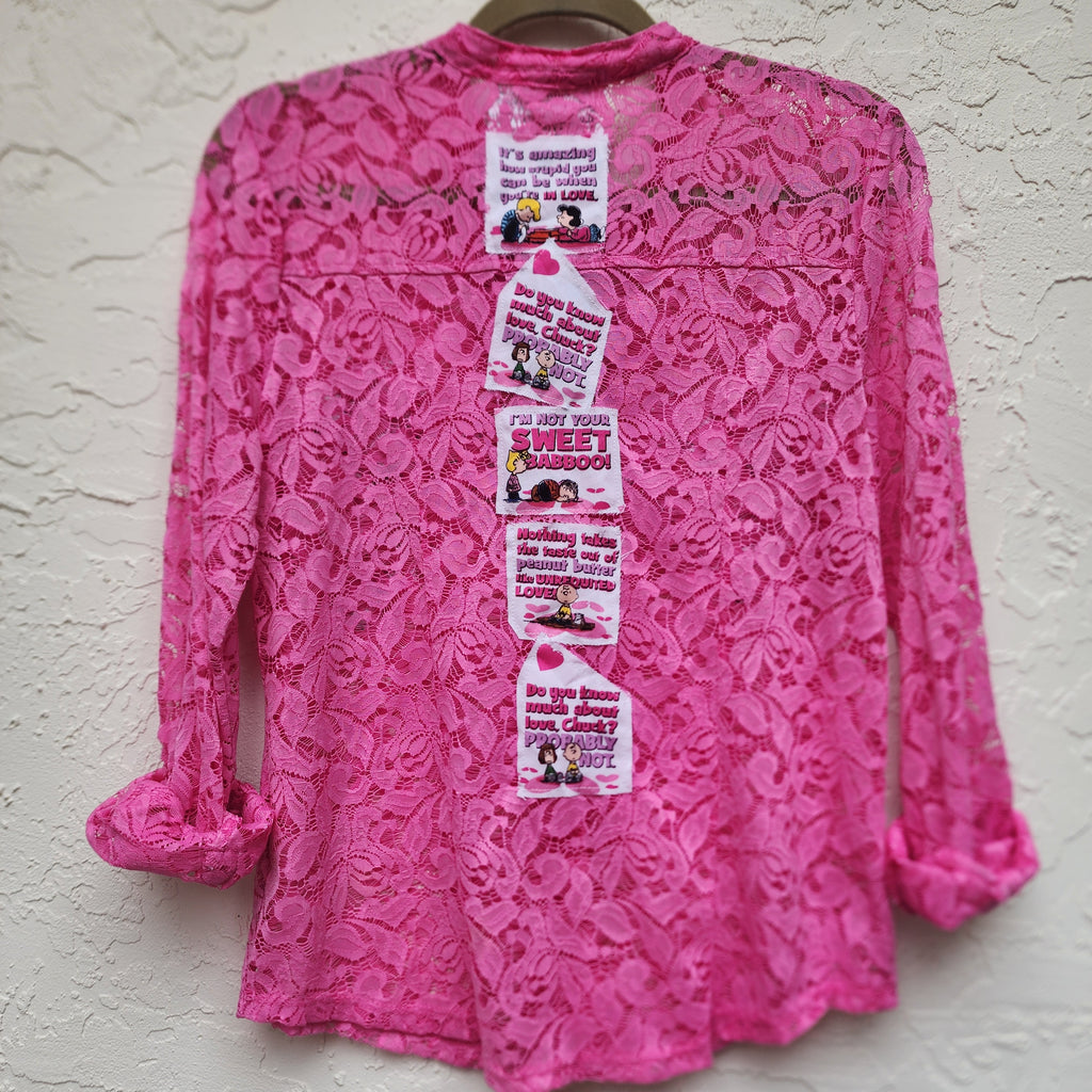 WHAT LOVE DO / Designer Top Funky Hot Pink Top Love Patchwork Upcycled Designer Lace Top  Bohemian Shabby Chic Blouse