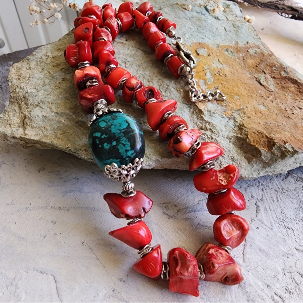 Bali Beach Fest / Designer Jewelry Genuine Red Coral Necklace Silver Necklace Chrysocolla Natural Stones Necklace Gift for Momen