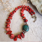 Bali Beach Fest / Designer Jewelry Genuine Red Coral Necklace Silver Necklace Chrysocolla Natural Stones Necklace Gift for Momen