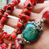 Bali Beach Fest / Designer Jewelry Genuine Red Coral Necklace Silver Necklace Chrysocolla Natural Stones Necklace Gift for Momen