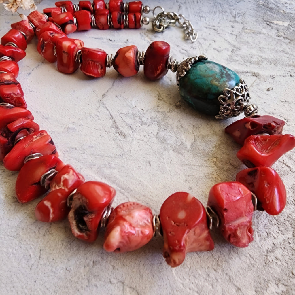 Bali Beach Fest / Designer Jewelry Genuine Red Coral Necklace Silver Necklace Chrysocolla Natural Stones Necklace Gift for Momen