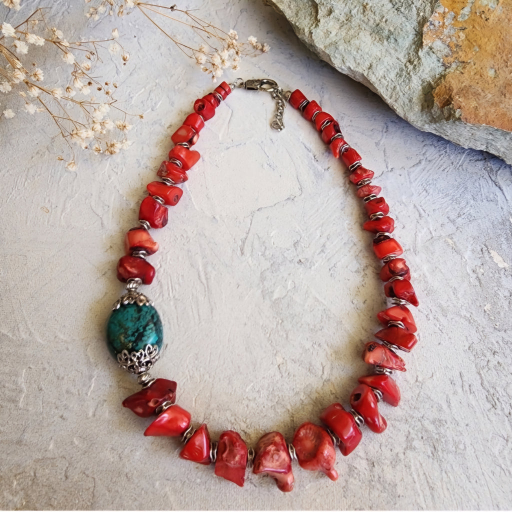 Bali Beach Fest / Designer Jewelry Genuine Red Coral Necklace Silver Necklace Chrysocolla Natural Stones Necklace Gift for Momen