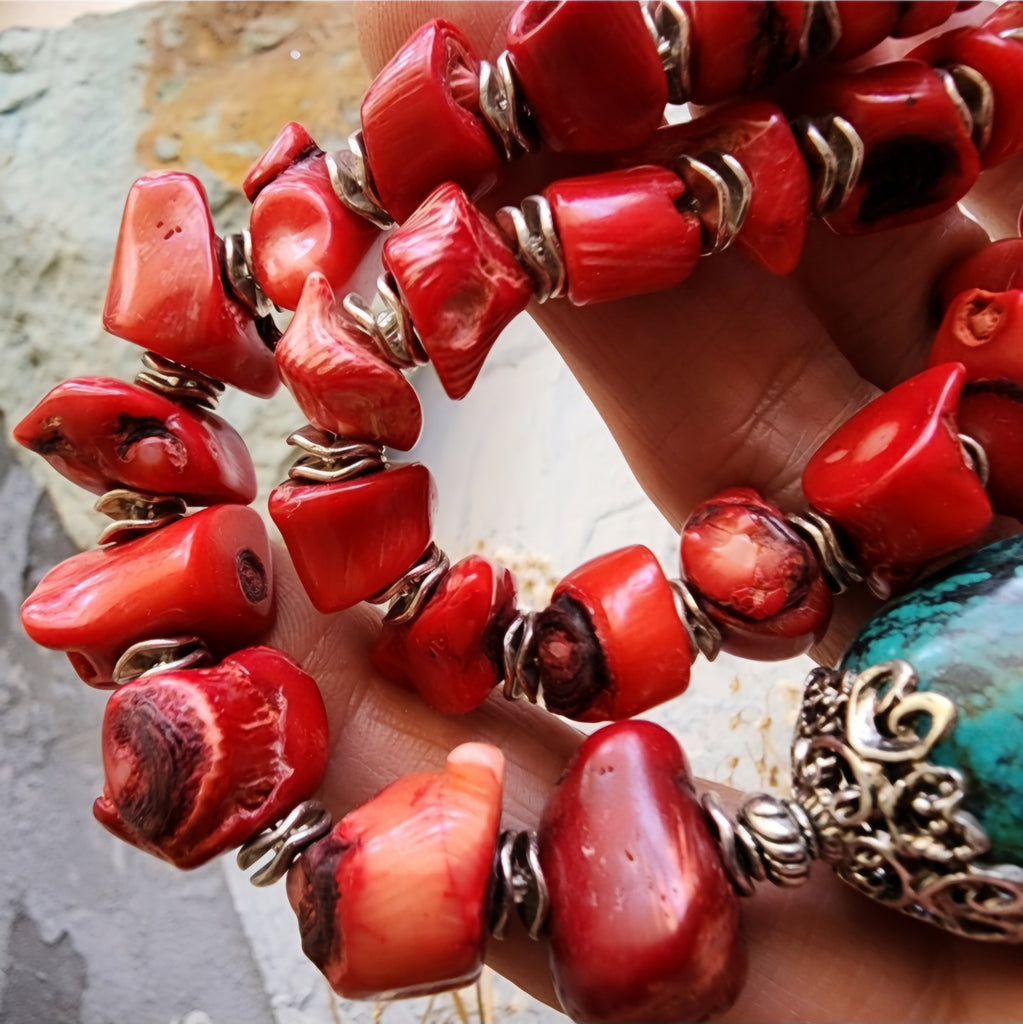 Bali Beach Fest / Designer Jewelry Genuine Red Coral Necklace Silver Necklace Chrysocolla Natural Stones Necklace Gift for Momen