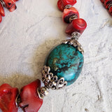 Bali Beach Fest / Designer Jewelry Genuine Red Coral Necklace Silver Necklace Chrysocolla Natural Stones Necklace Gift for Momen