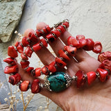 Bali Beach Fest / Designer Jewelry Genuine Red Coral Necklace Silver Necklace Chrysocolla Natural Stones Necklace Gift for Momen