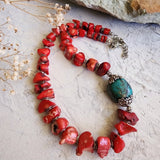 Bali Beach Fest / Designer Jewelry Genuine Red Coral Necklace Silver Necklace Chrysocolla Natural Stones Necklace Gift for Momen