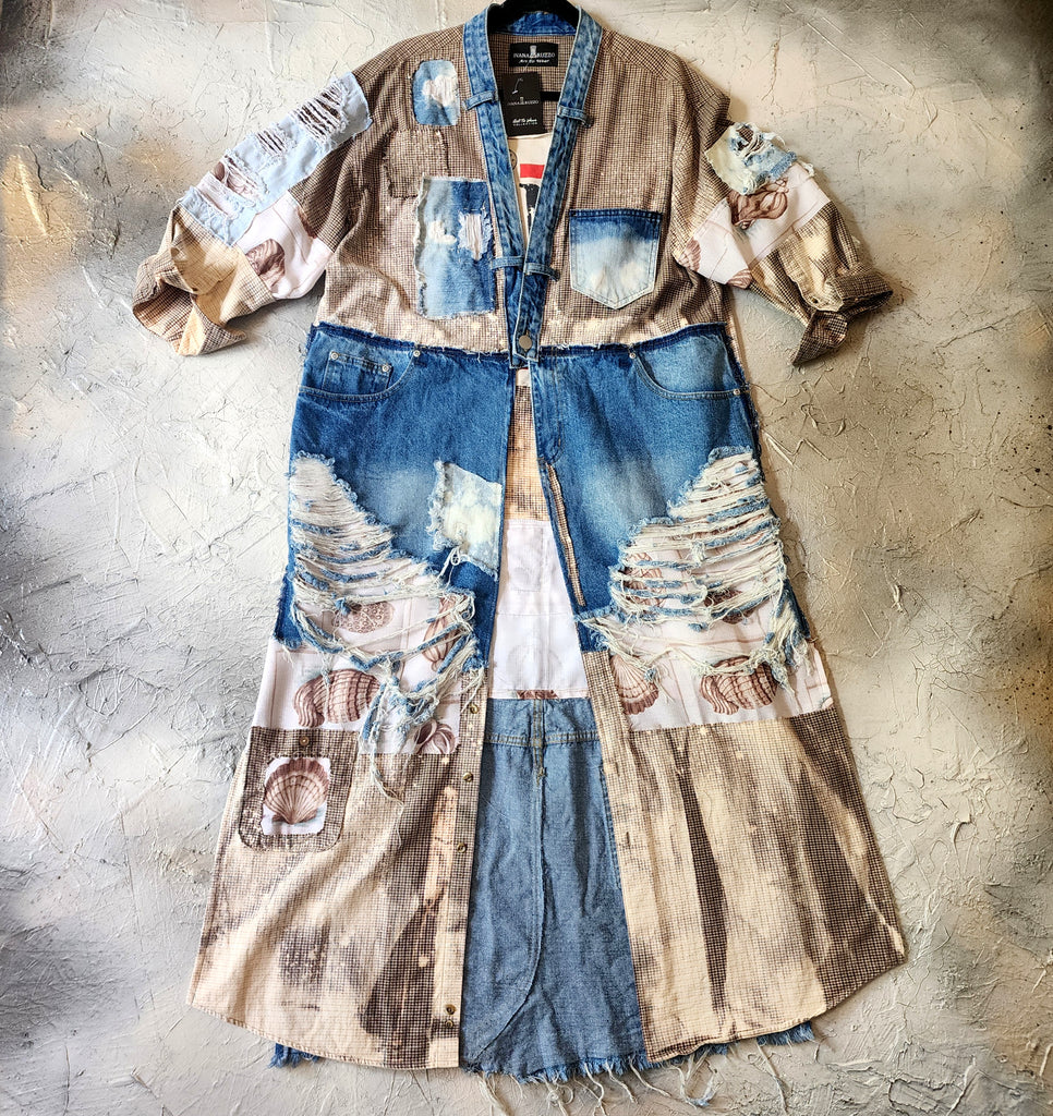 TIME IS MONEY/ Designer Kimono Duster Upcycled Couture Vintage Denim Flannel Concept Boro Visvim Patchwork Sustainable Artisan