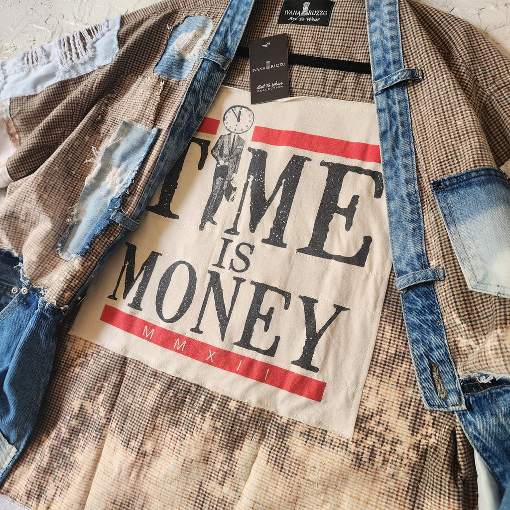 TIME IS MONEY/ Designer Kimono Duster Upcycled Couture Vintage Denim Flannel Concept Boro Visvim Patchwork Sustainable Artisan