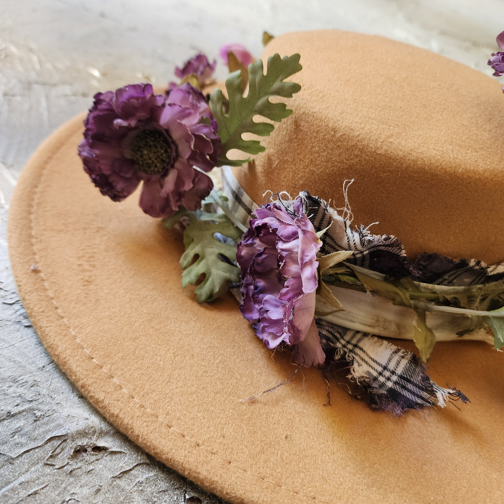 GIGI HAT / Shabby Chic Flower Designer Hat Monogram Canotier Hat Flannel Band Bow Middle Era European Style Hat