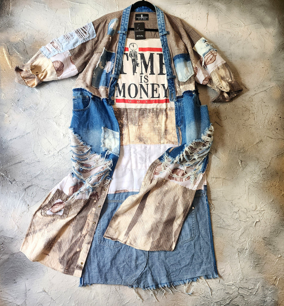 TIME IS MONEY/ Designer Kimono Duster Upcycled Couture Vintage Denim Flannel Concept Boro Visvim Patchwork Sustainable Artisan