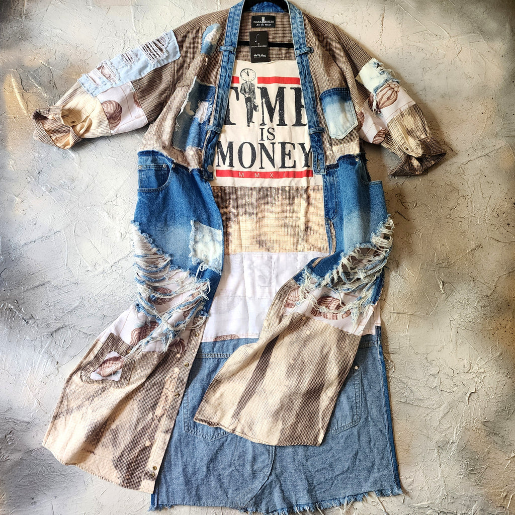 TIME IS MONEY/ Designer Kimono Duster Upcycled Couture Vintage Denim Flannel Concept Boro Visvim Patchwork Sustainable Artisan