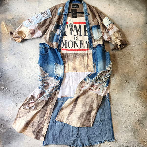 TIME IS MONEY/ Designer Kimono Duster Upcycled Couture Vintage Denim Flannel Concept Boro Visvim Patchwork Sustainable Artisan