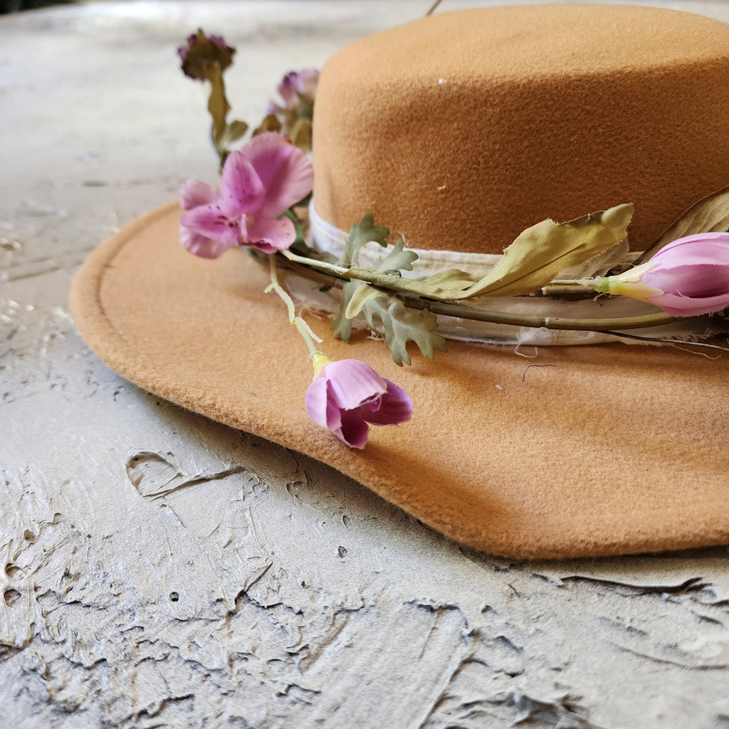 GIGI HAT / Shabby Chic Flower Designer Hat Monogram Canotier Hat Flannel Band Bow Middle Era European Style Hat