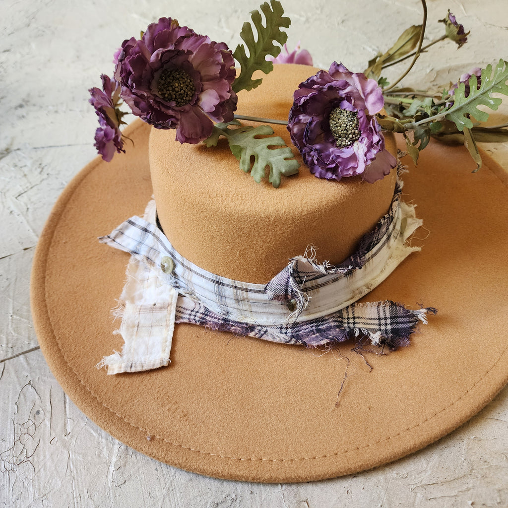 GIGI HAT / Shabby Chic Flower Designer Hat Monogram Canotier Hat Flannel Band Bow Middle Era European Style Hat