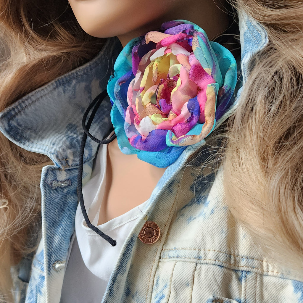 Rainbow Rose / Boho Rose Choker Flower Tie Brooch Clip Jabot Magnolia Apple Blossom Upcycled Concept Store