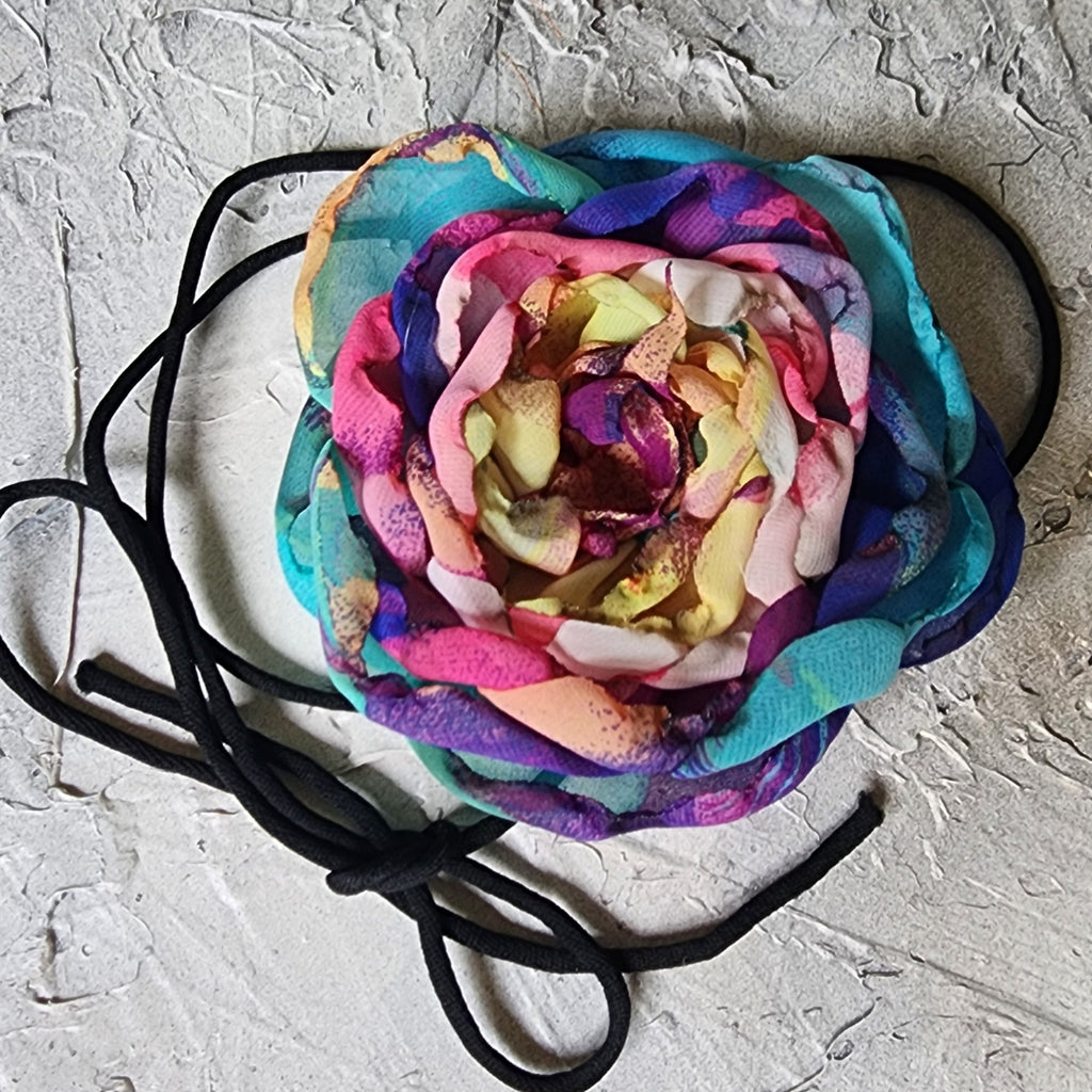 Rainbow Rose / Boho Rose Choker Flower Tie Brooch Clip Jabot Magnolia Apple Blossom Upcycled Concept Store