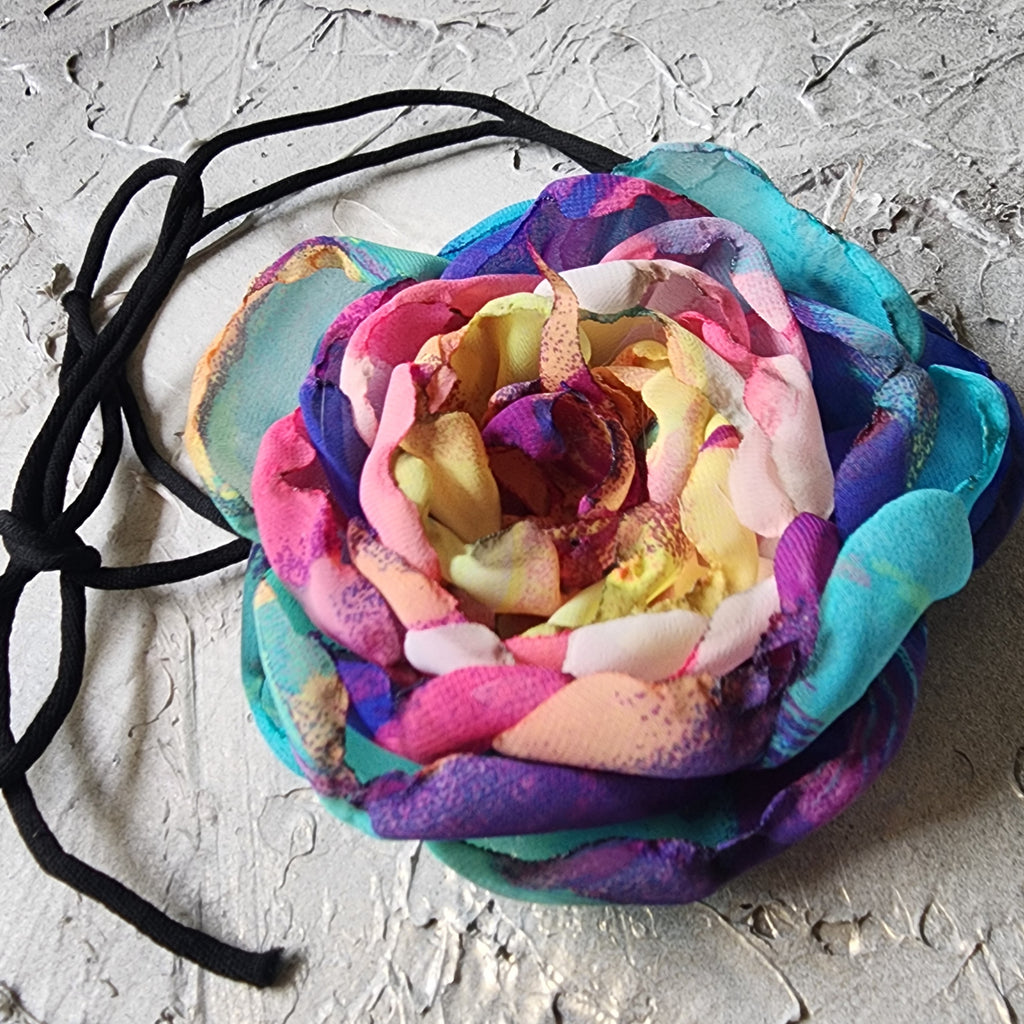 Rainbow Rose / Boho Rose Choker Flower Tie Brooch Clip Jabot Magnolia Apple Blossom Upcycled Concept Store