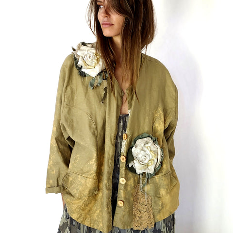 Artisan Approach / Designer Blazer Unique Concept Wear Large 3D White Rose Linen Avangard Fashion Shabby Chic Jacket