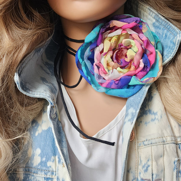 Rainbow Rose / Boho Rose Choker Flower Tie Brooch Clip Jabot Magnolia Apple Blossom Upcycled Concept Store