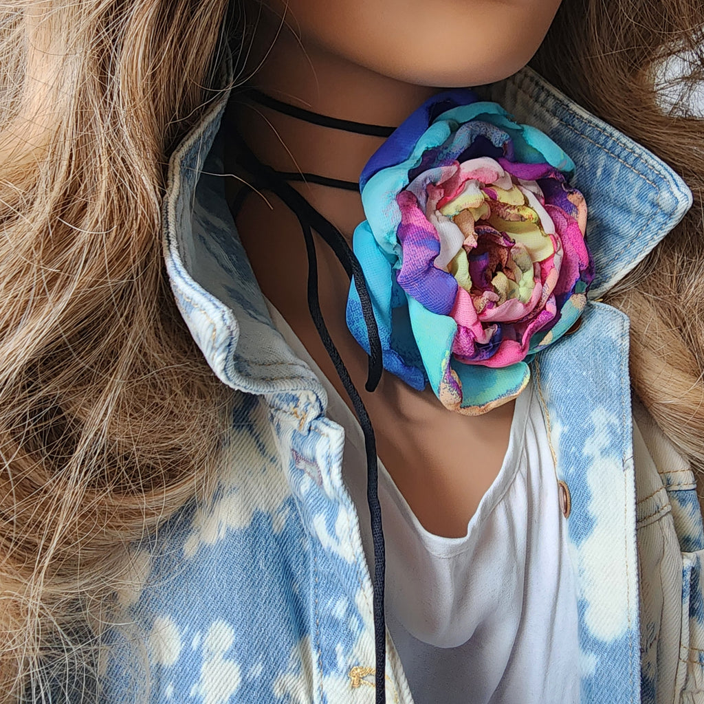 Rainbow Rose / Boho Rose Choker Flower Tie Brooch Clip Jabot Magnolia Apple Blossom Upcycled Concept Store